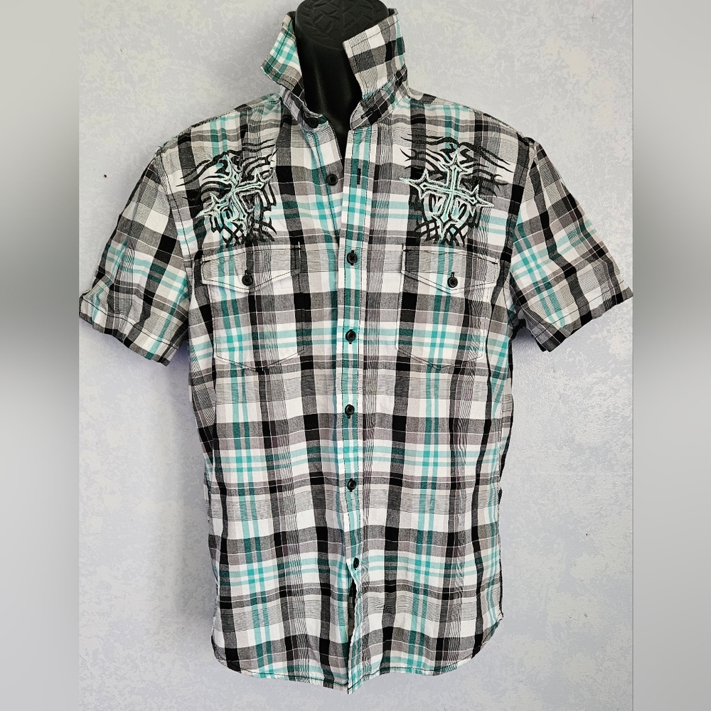 🟡 ROUTE 66 Mens Graphic Cross Plaid Button Down Shirt M